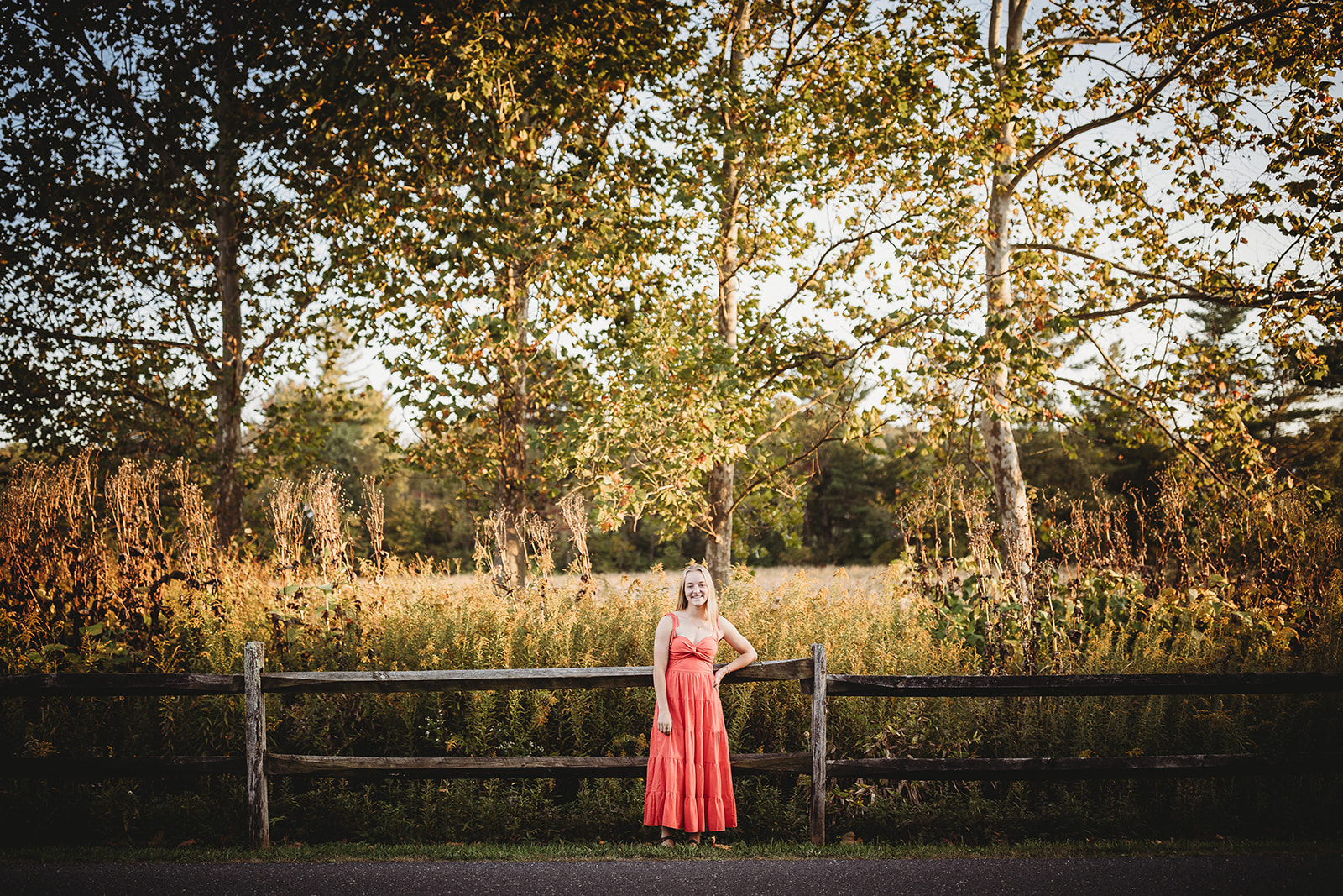 A high school senior leans on a wooden park fence at sunset in a pink dress