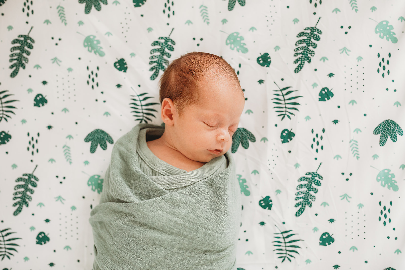 A newborn baby sleeps in a sage green swaddle on a forest mattress in a crib thanks to Virginia Fertility and IVF