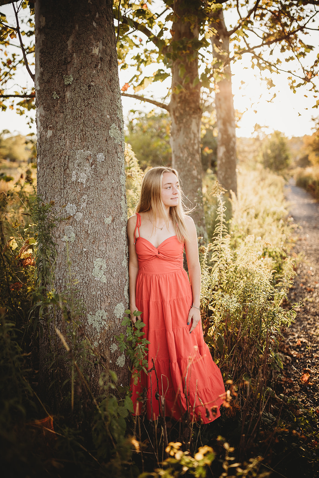 A high school senior girl in a pink dress gazes over her shoulder while leaning against a tree at sunset after visiting Nail Salons in Harrisonburg, VA